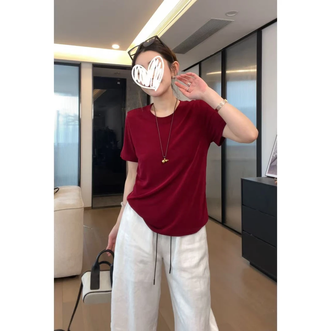 玖了个玖 2025夏款小众设计极简风休闲百搭醋酸T恤上衣 2504C2068