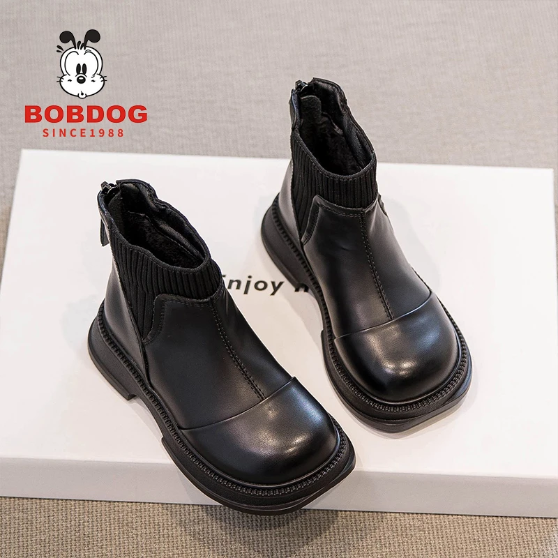 巴布豆女童白色马丁靴秋冬新款儿童靴子女孩二棉加绒短靴洋气皮靴