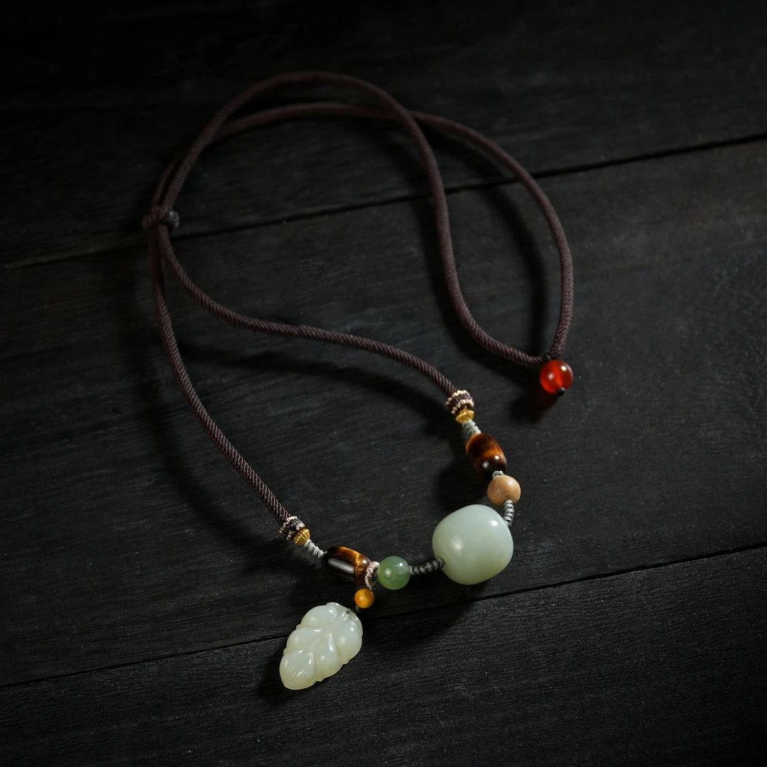 【老掌柜】和田玉/且末蓝老型胖墩珠子/叶子吊坠项链/ M103154