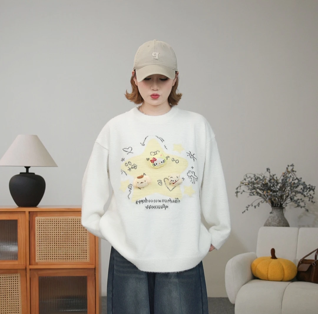 秋冬减龄卡通加厚毛毛五角星毛衣