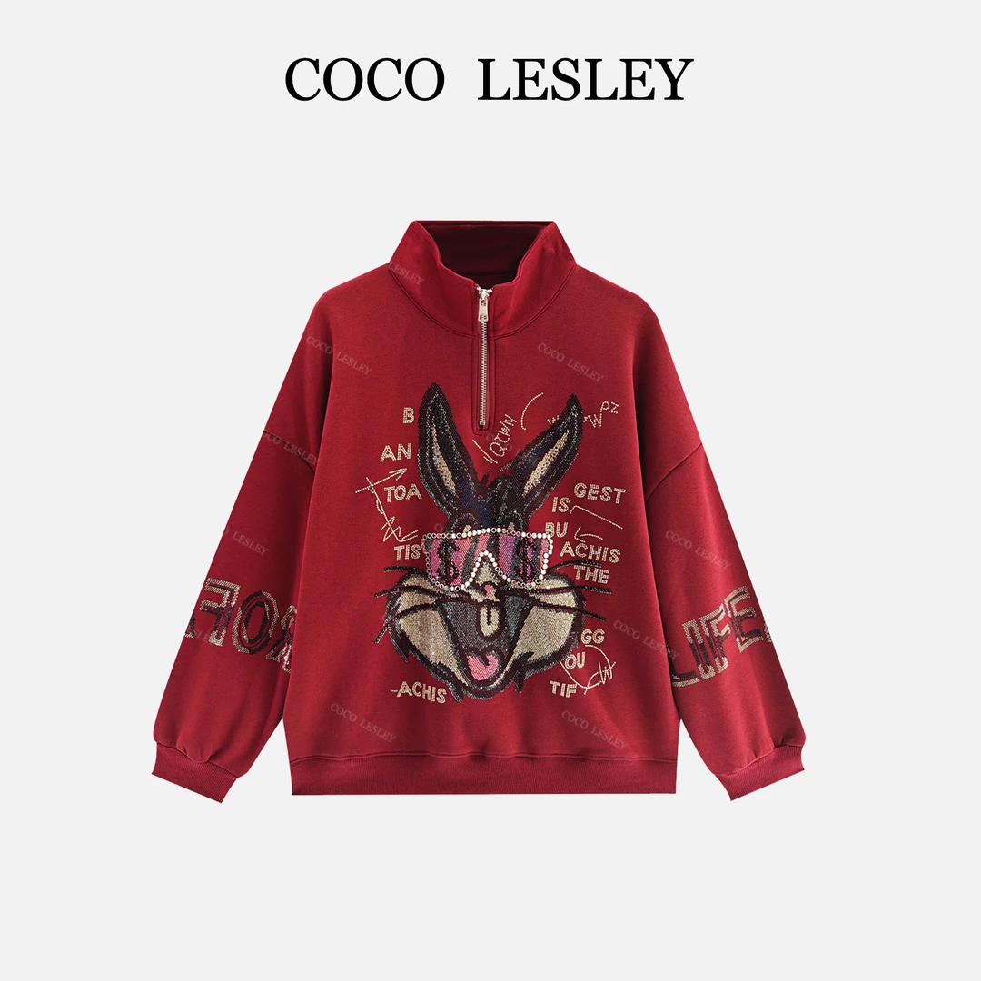 COCO LESLEY重工烫钻卡通兔休闲加绒卫衣WY1258