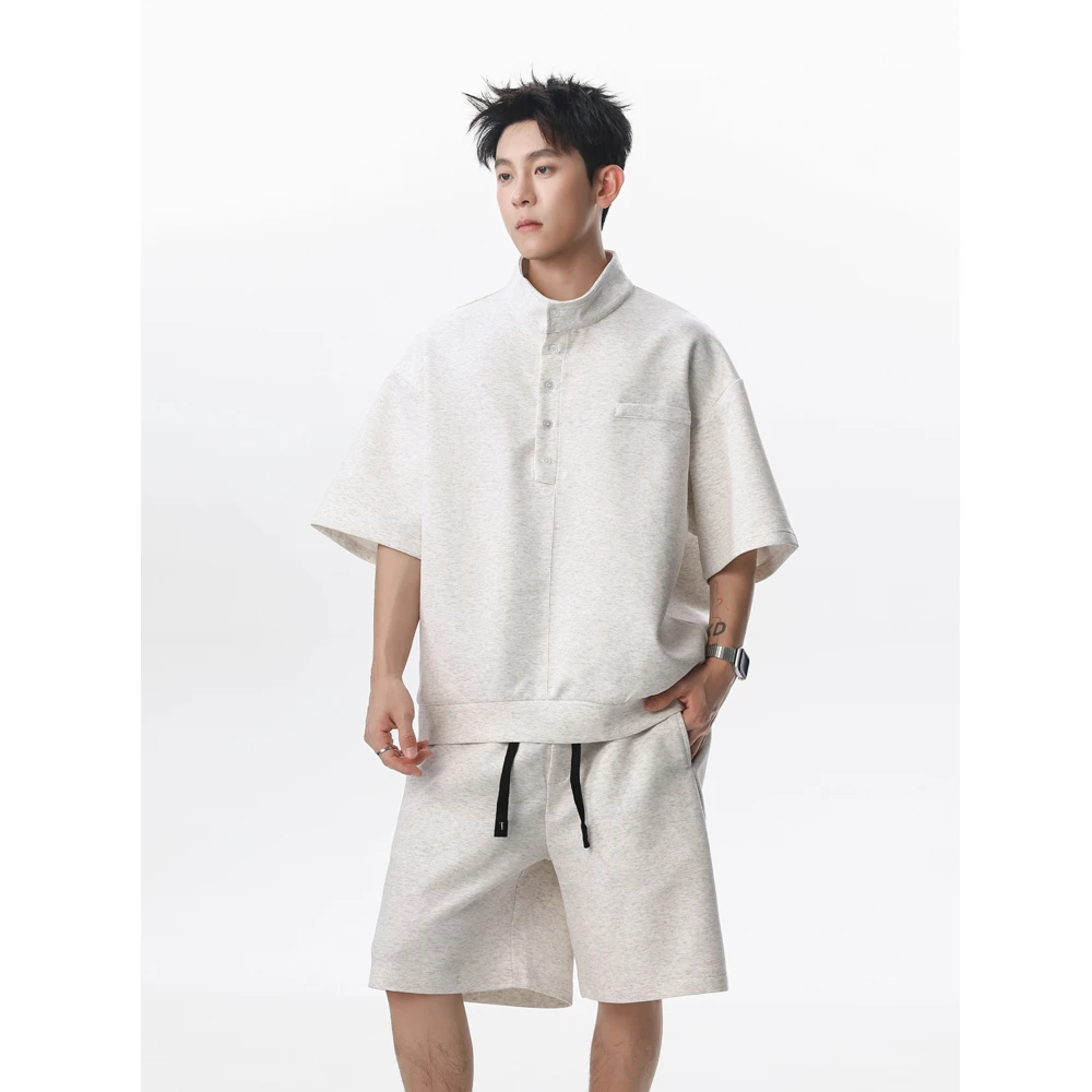 林社长2025夏季轻薄透气运动套装立领Polo短袖短裤套装情侣装潮流