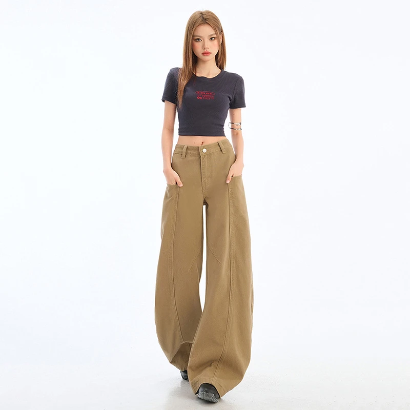 美式复古卡其色阔腿牛仔裤2025秋冬高腰宽松显瘦垂感直筒镰刀裤子