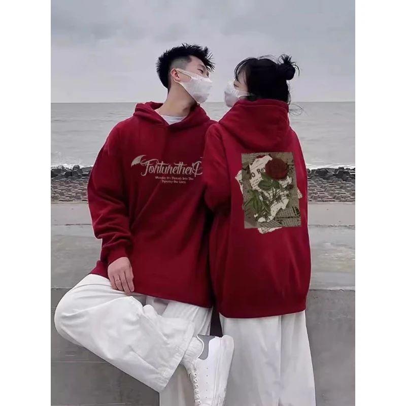 特别不一样的情侣装卫衣秋冬款2025新款潮牌高级感酒红色情侣卫衣