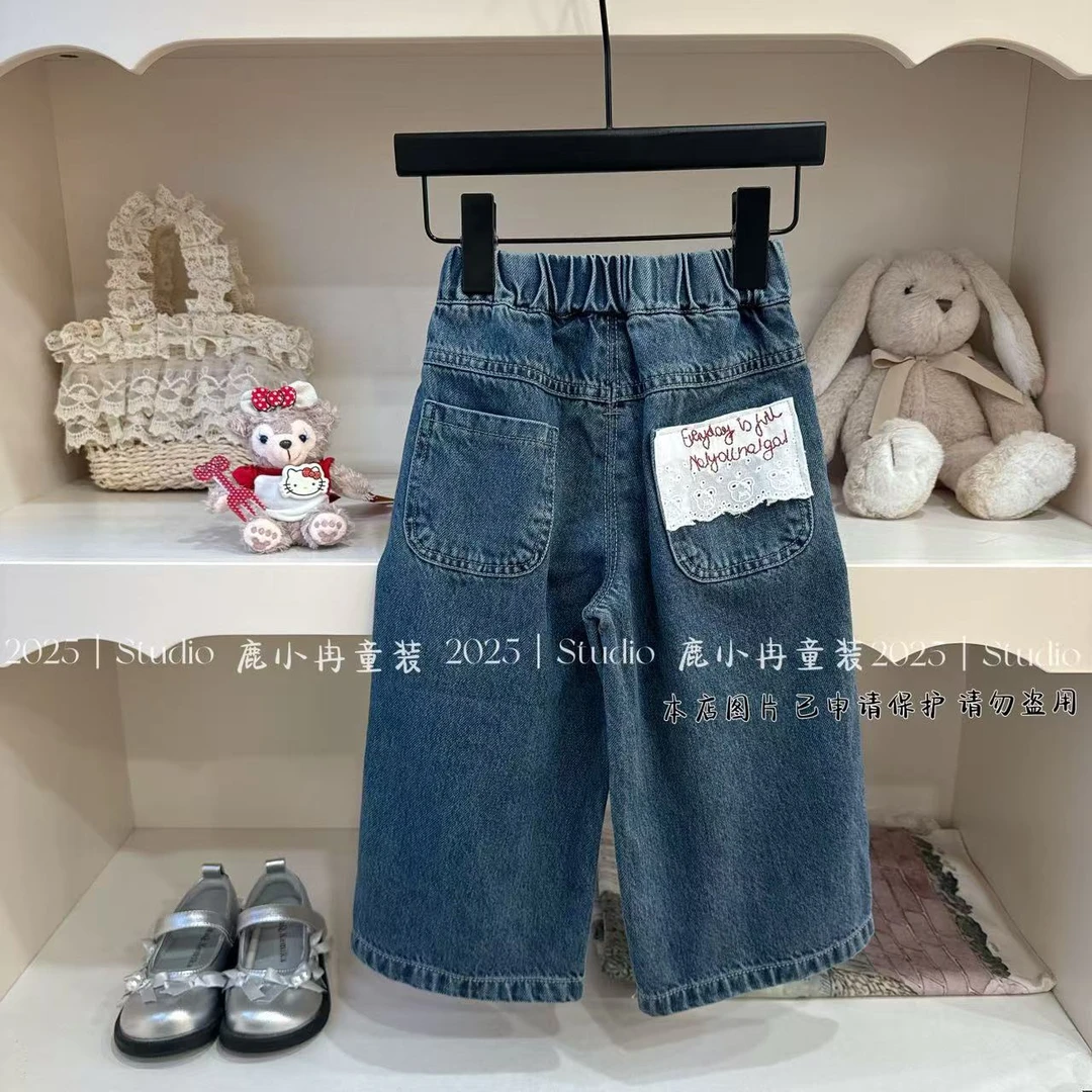 【鹿小冉】韩版字母花边口袋牛仔直筒裤26001现