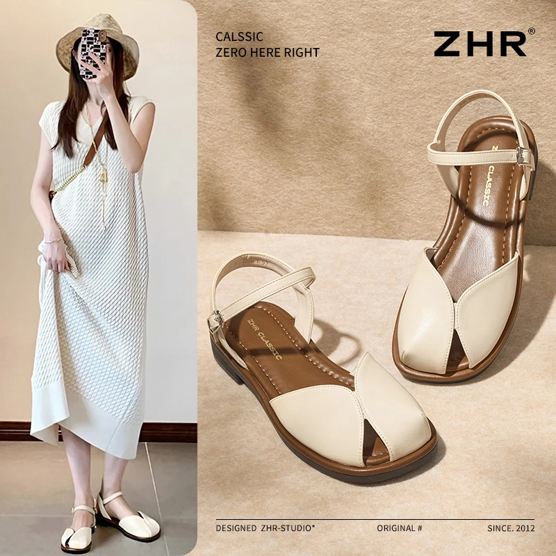 ZHR则则罗马凉鞋女2025新款夏季平底复古猪笼鞋一字带外穿包头鞋