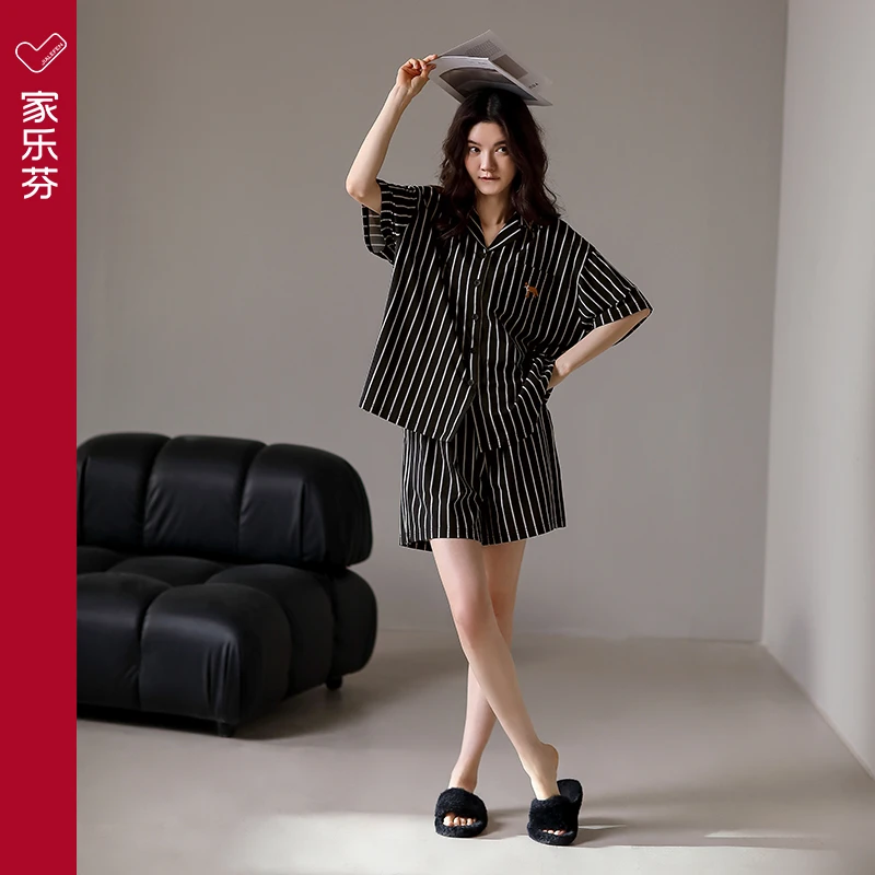 家乐芬睡衣女夏季夏款莫代尔短袖短裤家居服夏天冰丝薄款条纹套装
