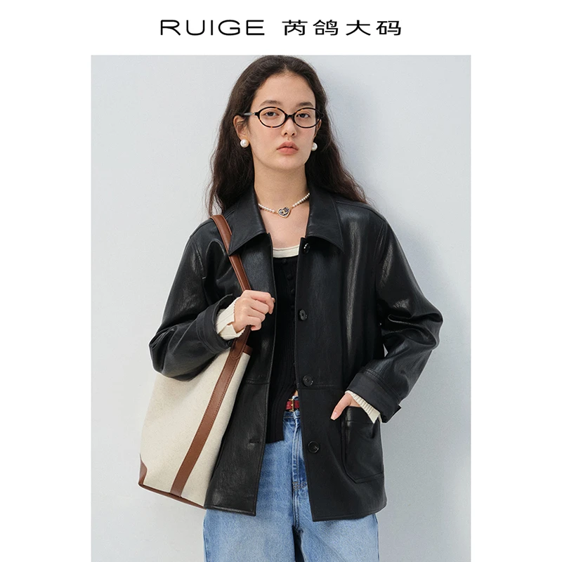 芮鸽微胖定制黑色正肩皮衣外套宽松夹克翻领微胖mm上衣0210YY