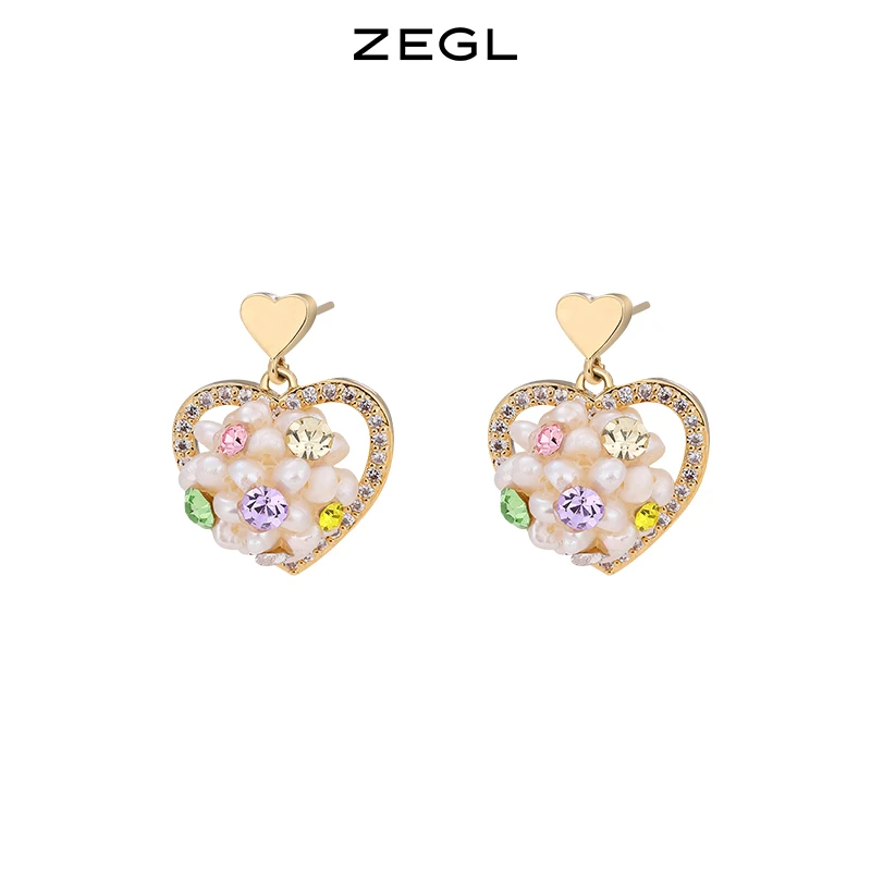 ZEGL 铜合金合成锆石耳饰 爱心珍珠彩钻耳环925银针新款女款耳饰