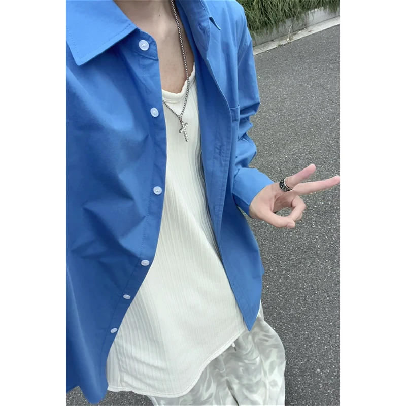 美式休闲纯色衬衫男2025新款长袖衬衣百搭宽松情侣男女款薄外套潮