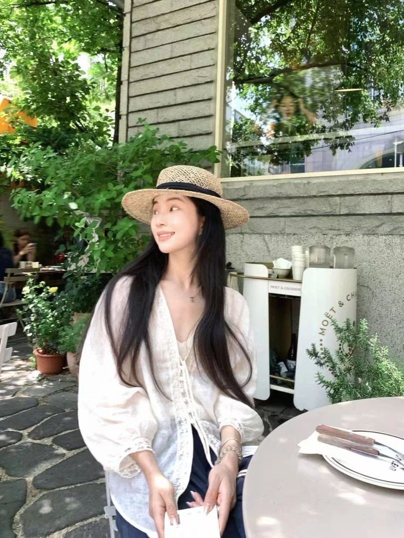 蕾丝小衫薄款拼接民族风衬衫上衣长袖夏季休闲裤子套装＃8309