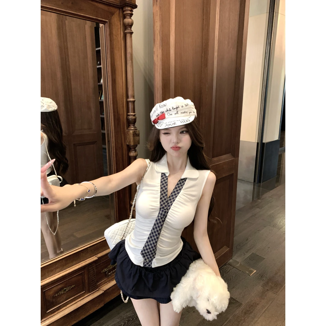 纯欲格纹领带挂脖背心女夏季2025新款学院风气质褶皱外穿修身上衣