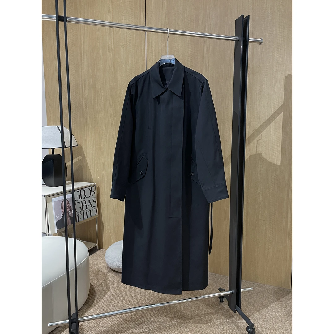 带腰带宽松长款黑色风衣外套9056