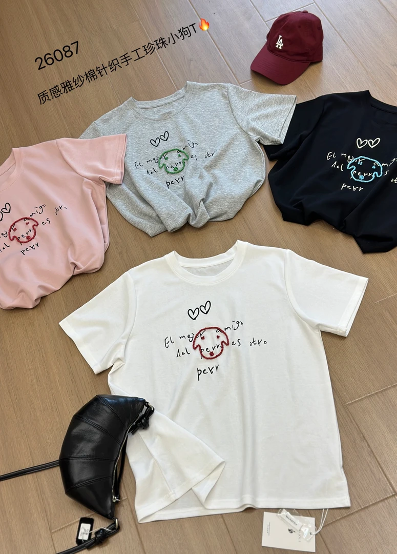 26087 质感刺绣定珠短袖T