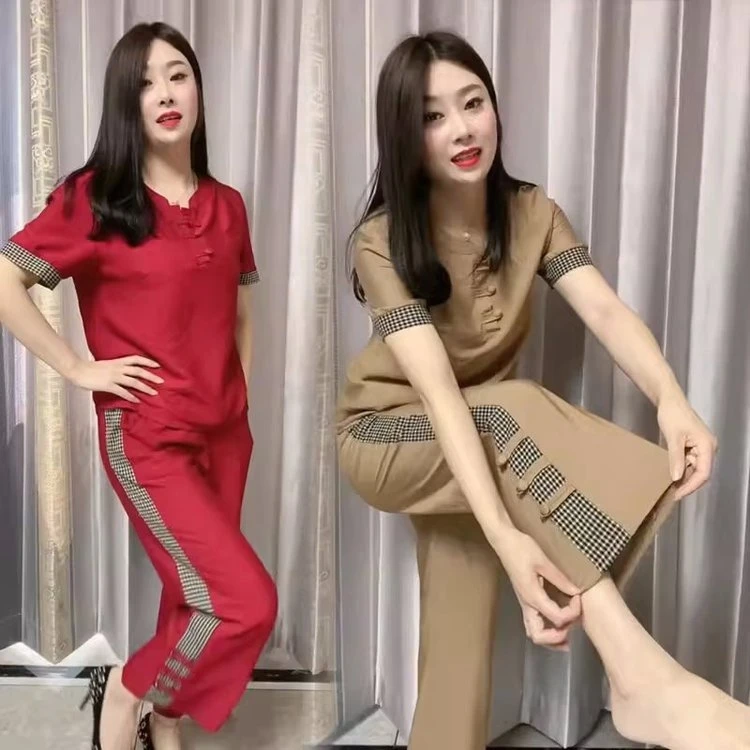 时尚复古纯色妈妈2025夏季新款宽松休闲显瘦短袖上衣两件套女2210