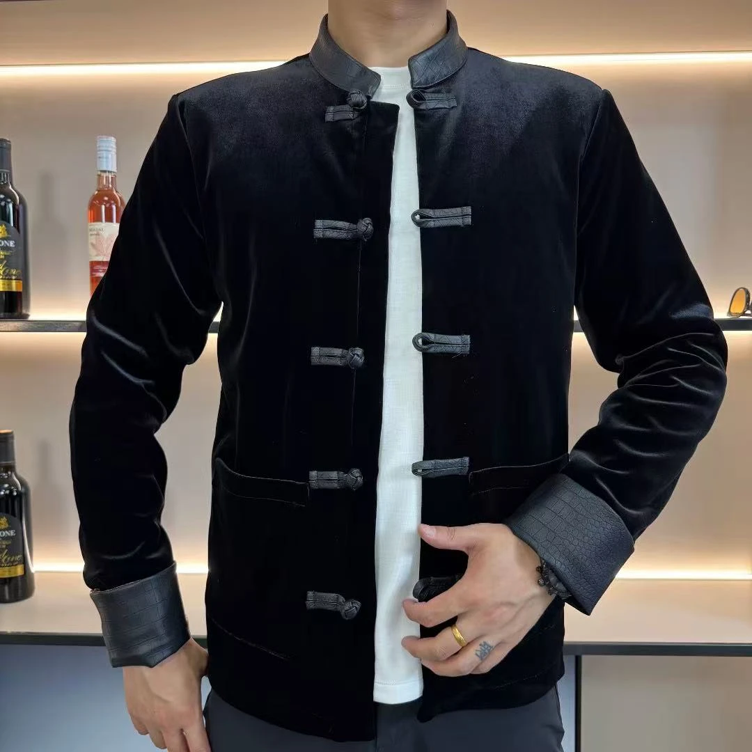 秋季新款唐装立领夹克男士时尚修身黑色盘扣外套百搭休闲长袖上衣