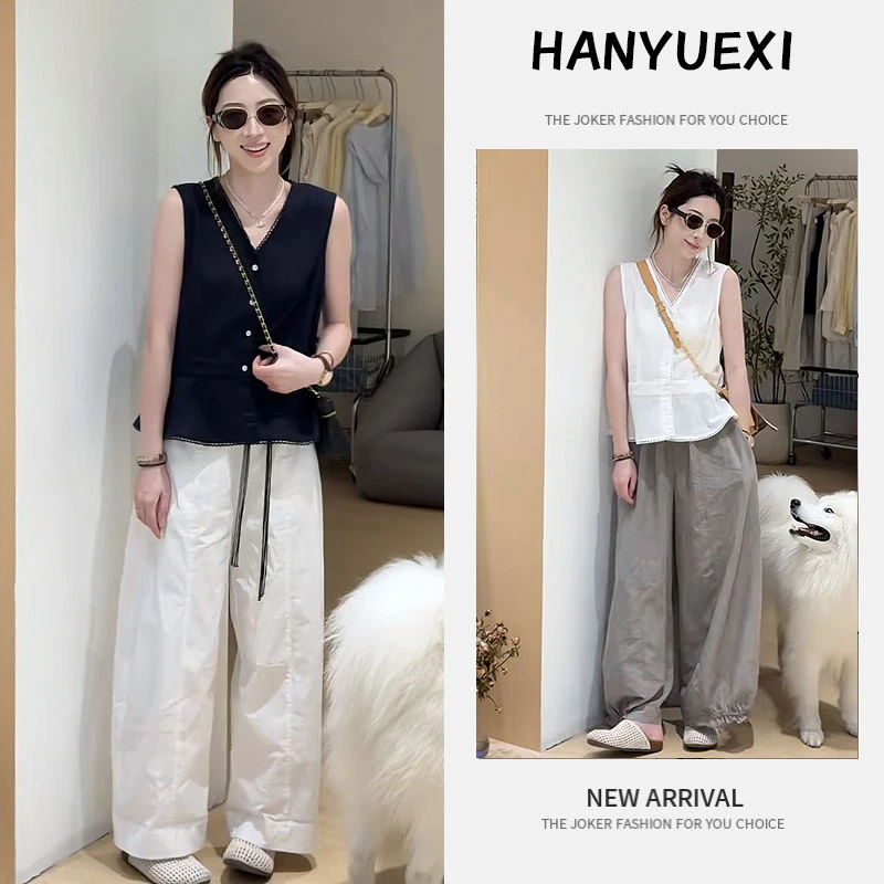 夏季洋气一整套女装2025新款韩系V领无袖衬衫百搭阔腿裤两件套潮
