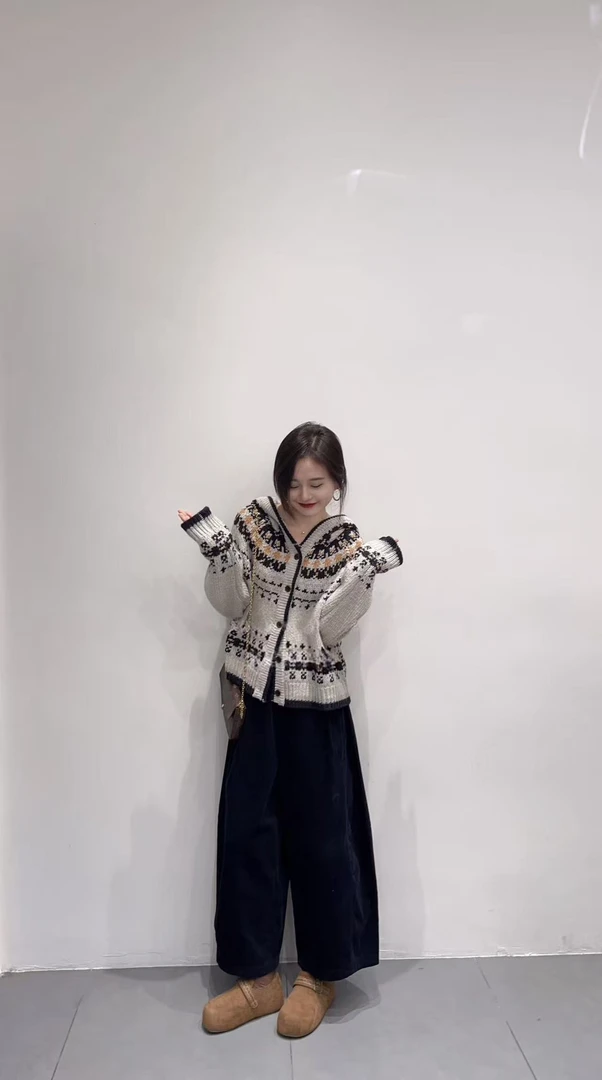 韩系费尔岛复古连帽毛衣外套女秋冬慵懒风百搭阔腿裤两件套装