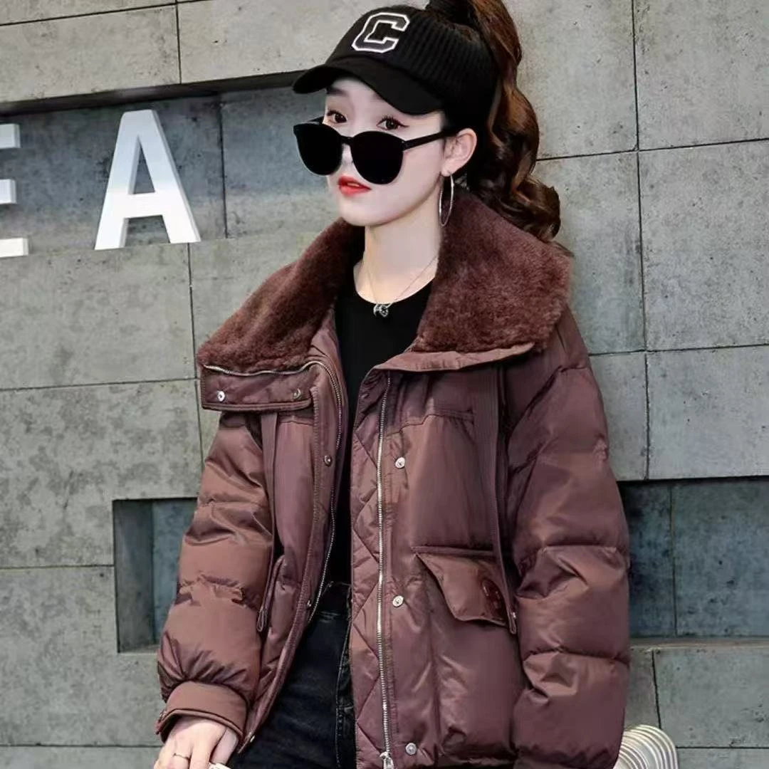 羊羔毛拼接翻领灰色面包服女2024冬季新款高级感加厚保暖外套9960