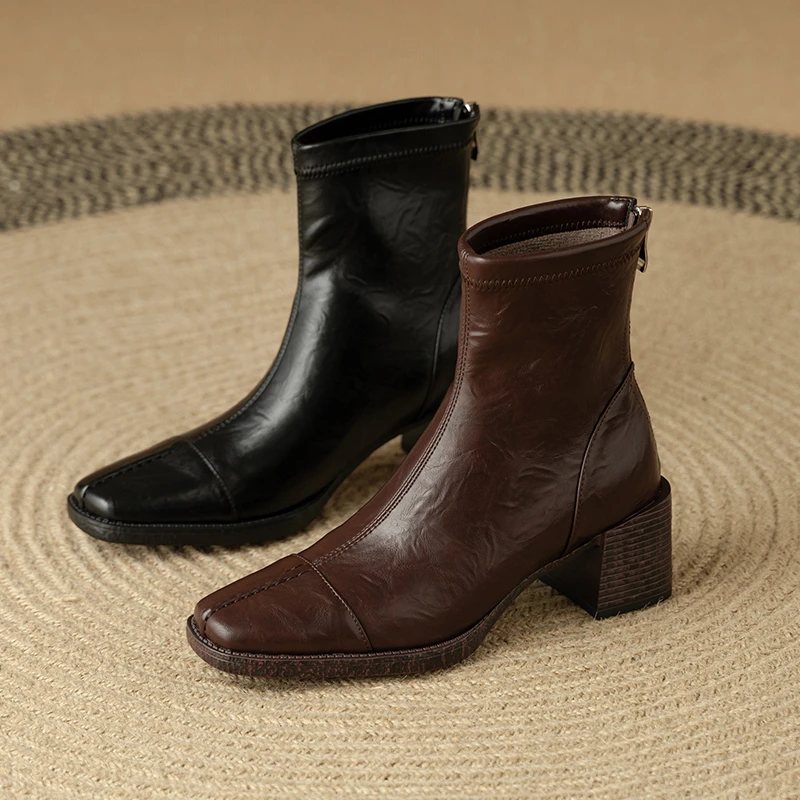 【跟高6cm】2025秋季上新牛皮真皮手工粗跟瘦瘦靴短靴