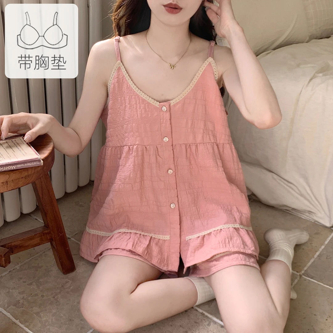 吊带开衫睡衣女士带胸垫简约休闲家居服夏季薄款甜美纯色两件套装