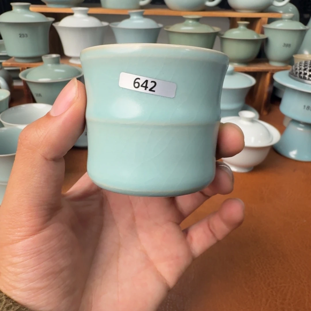 摆件陶开播福利微瑕仿古天青竹节杯