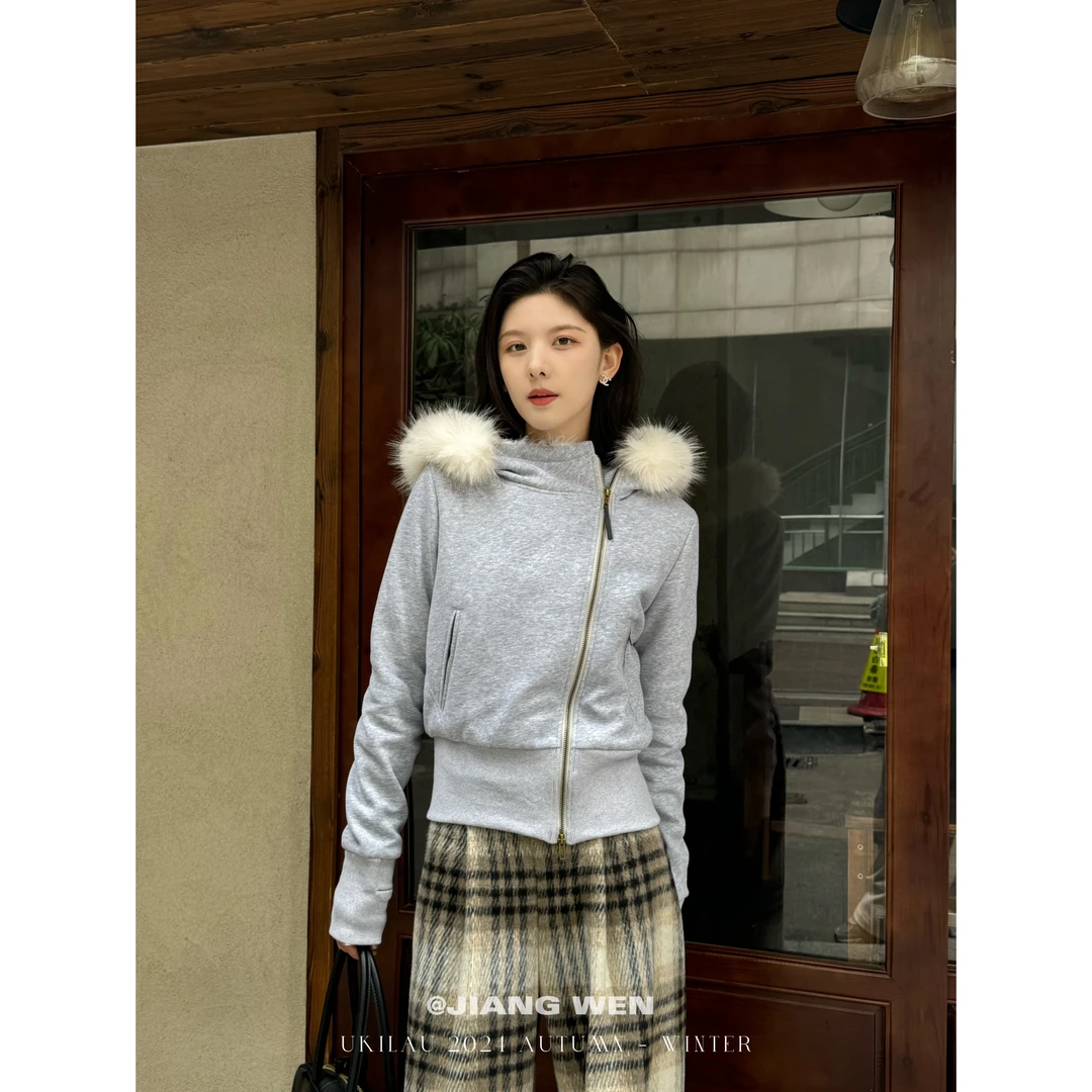 UKILAU【慢调生活】连帽大毛领斜拉链加厚毛绒卫衣外套