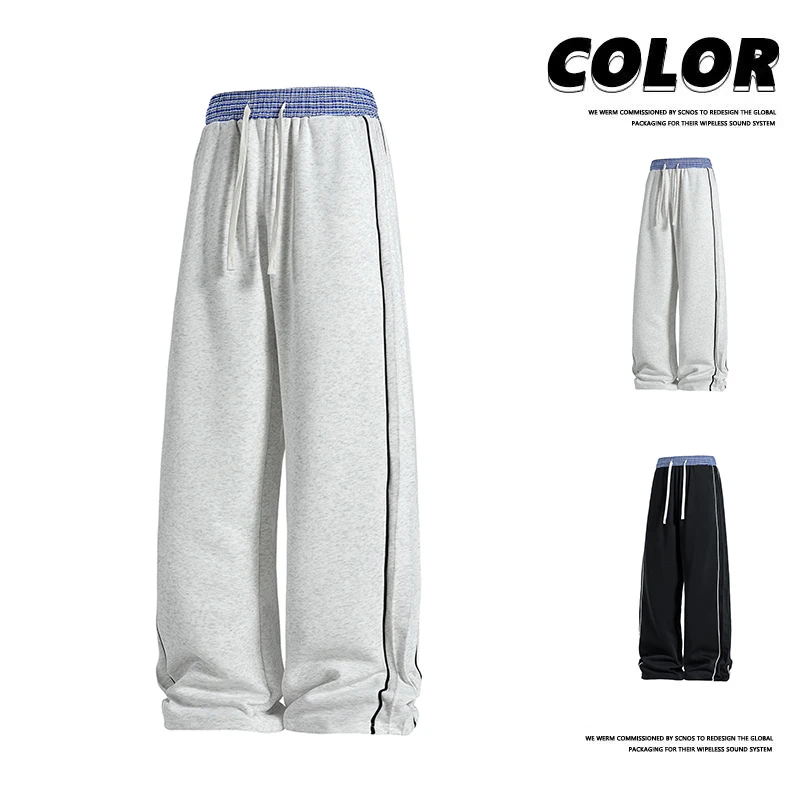 秋季条纹运动休闲裤子男新款春秋季潮流运动阔腿垂感直筒长裤情侣