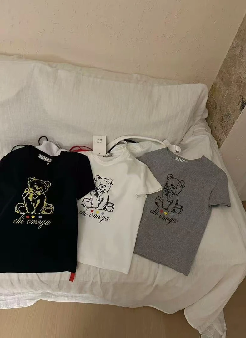 温柔瑶-Uncle Be##韩系多彩小爱心钉饰小熊短袖T#7319【福福】