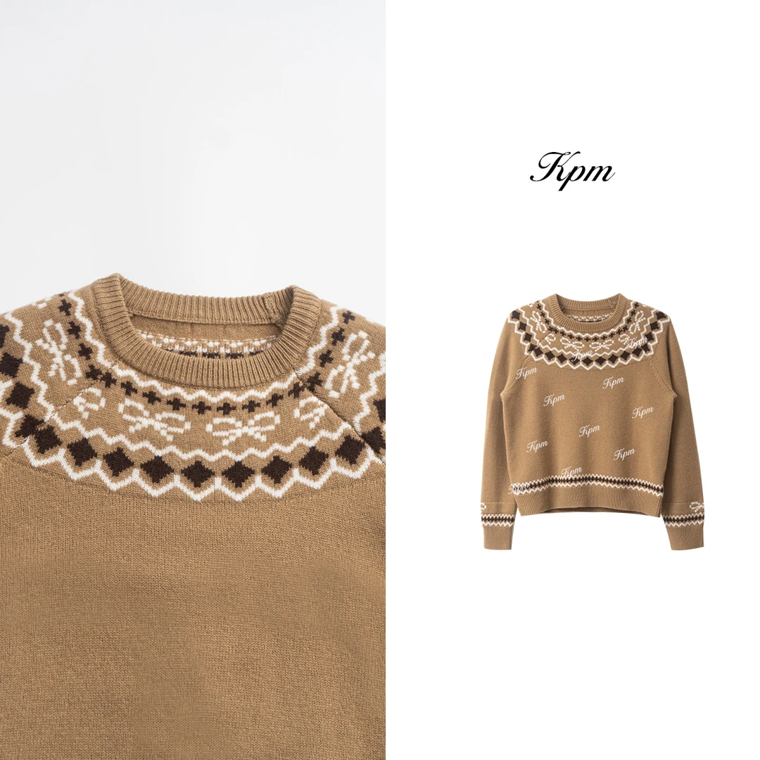 冬季新品100羊毛费尔岛复古时尚洋气提花百搭显瘦针织衫女JN9042