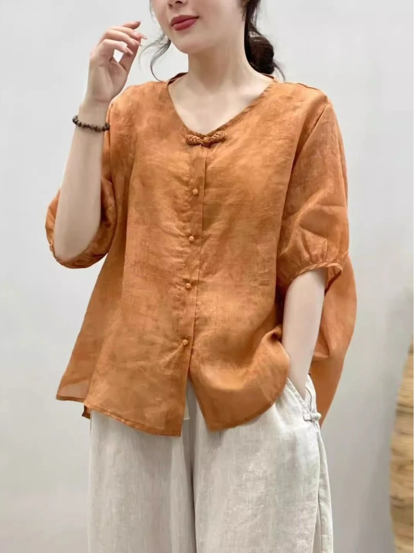2025夏季时尚新款大码T恤新中式复古常规中袖圆领单排扣纯色上衣
