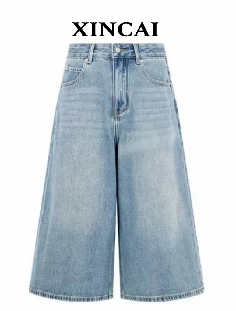 XINCAI阔腿裤牛仔裤高腰潮流宽松百搭江南风蓝色水洗浅蓝