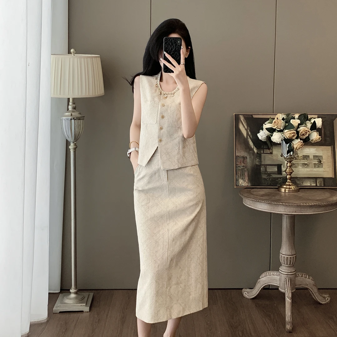 女装夏装套装2025新款爆款显瘦气质时尚休闲亚麻马甲半身裙两件套