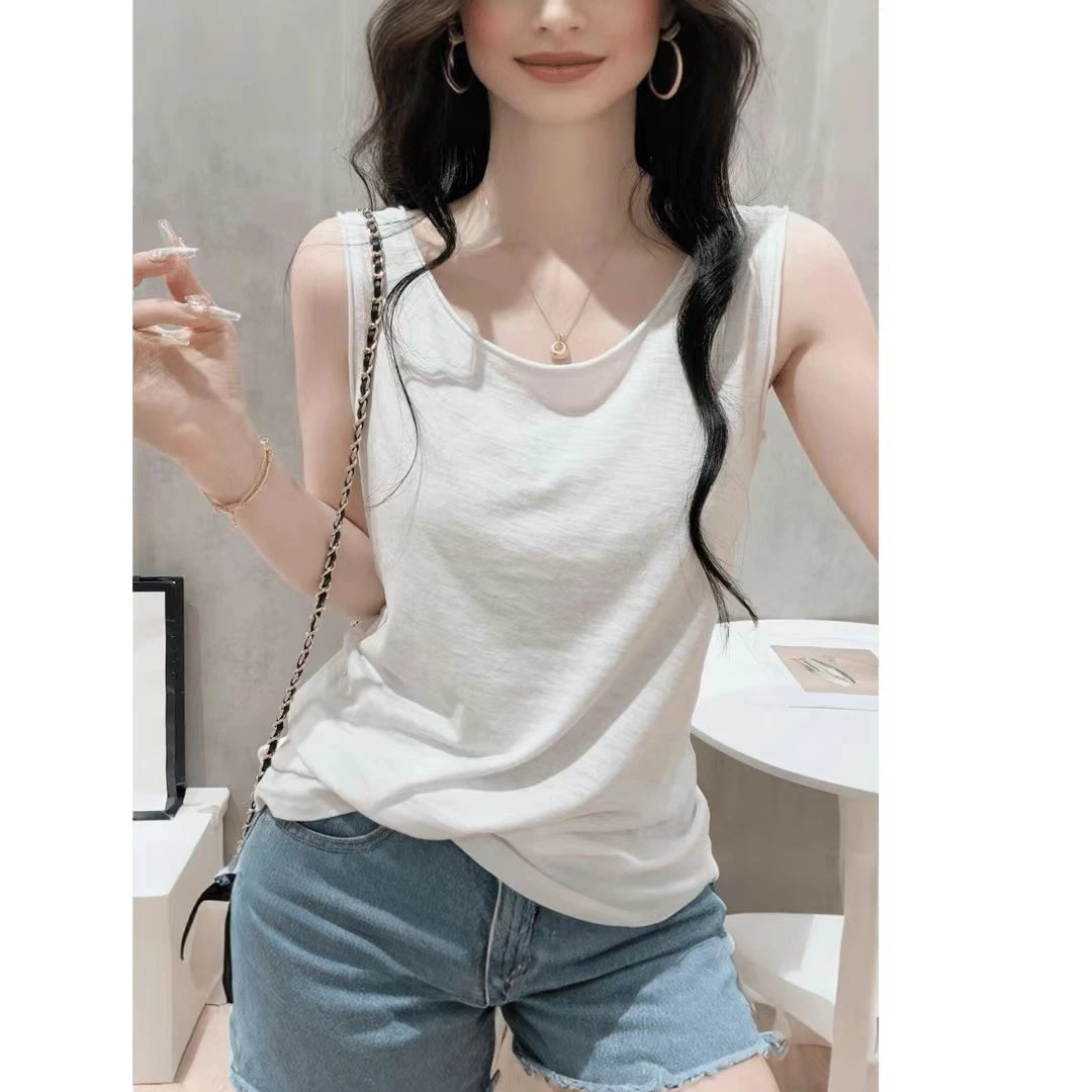 透气竹节棉工字背心女夏宽松内搭打底小衫无袖吊带t恤上衣外穿