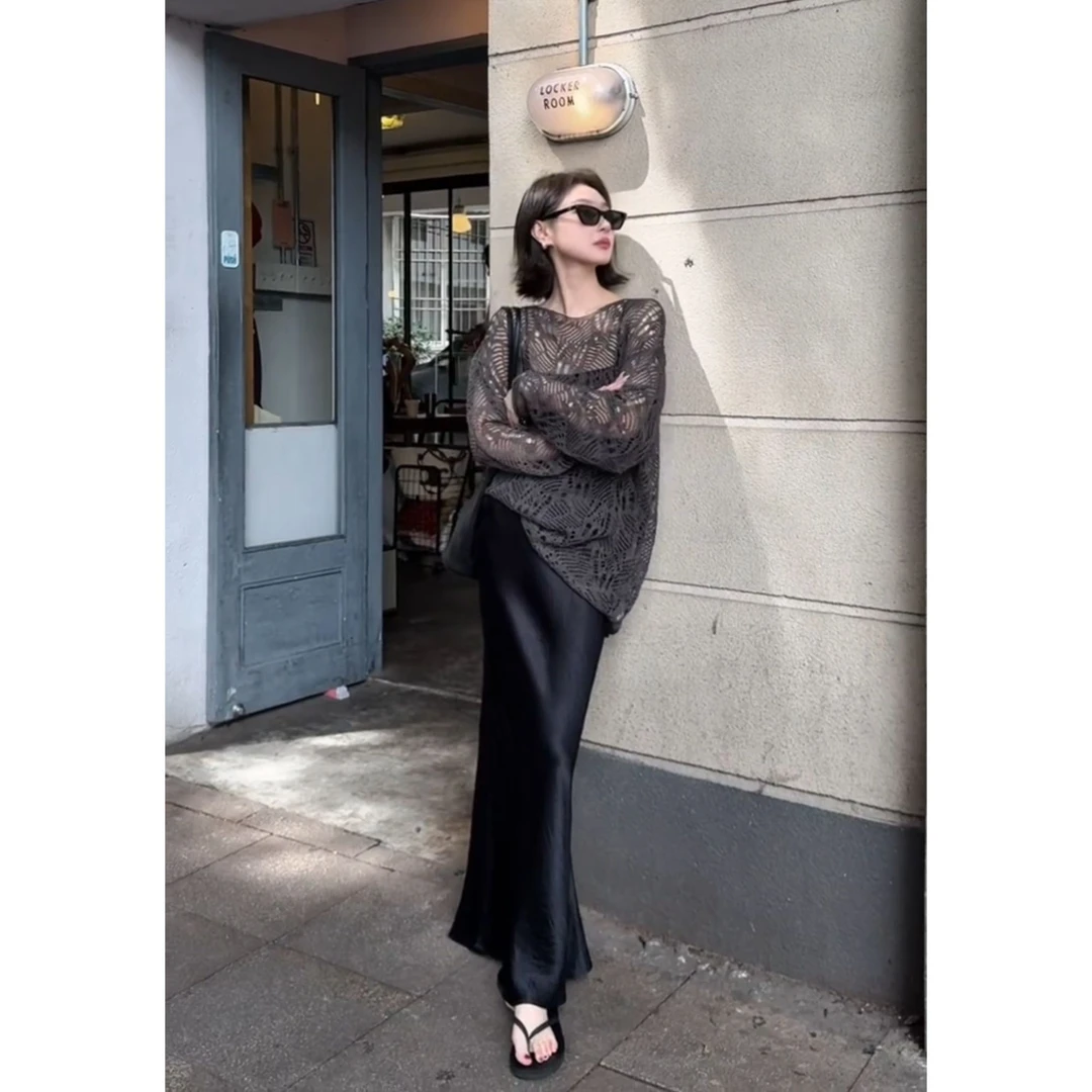 高冷女神范菱格镂空防晒罩衫女时尚轻奢中长款a字包臀鱼尾裙套装