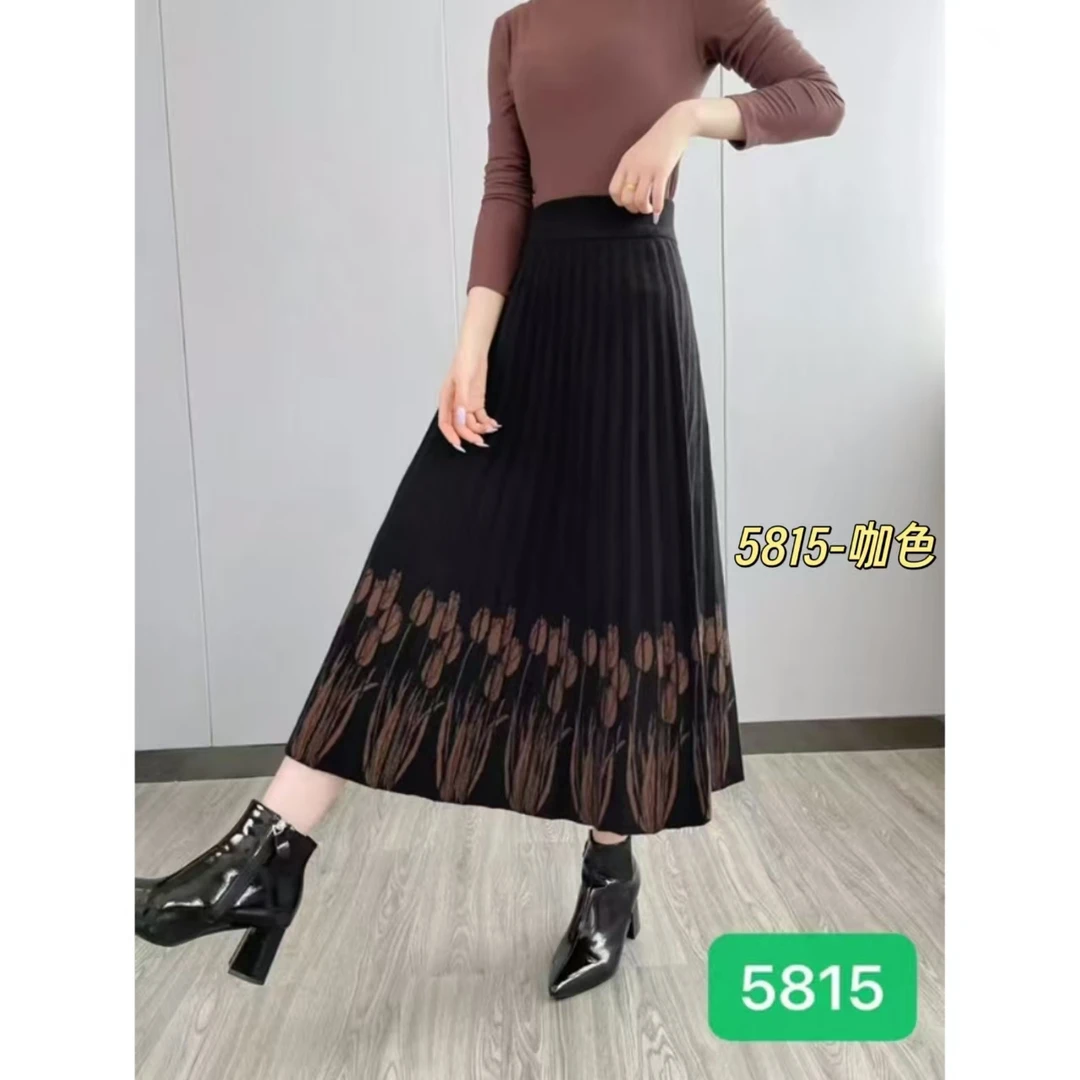 5815中国风休闲风印花百褶裙半身裙