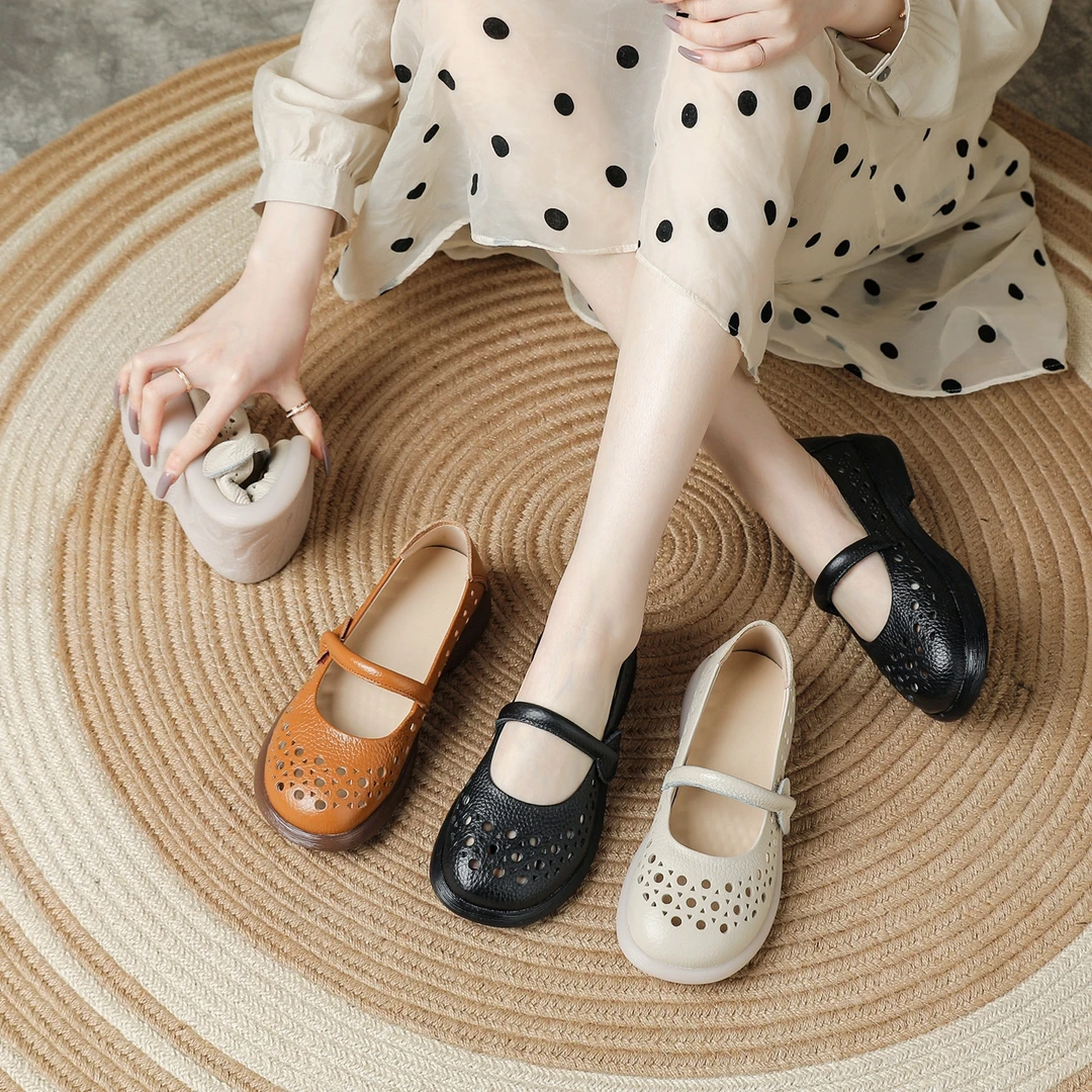 【胡子叔新款】头层牛皮夏季新款中式女鞋中老年平底浅口洞洞鞋2828