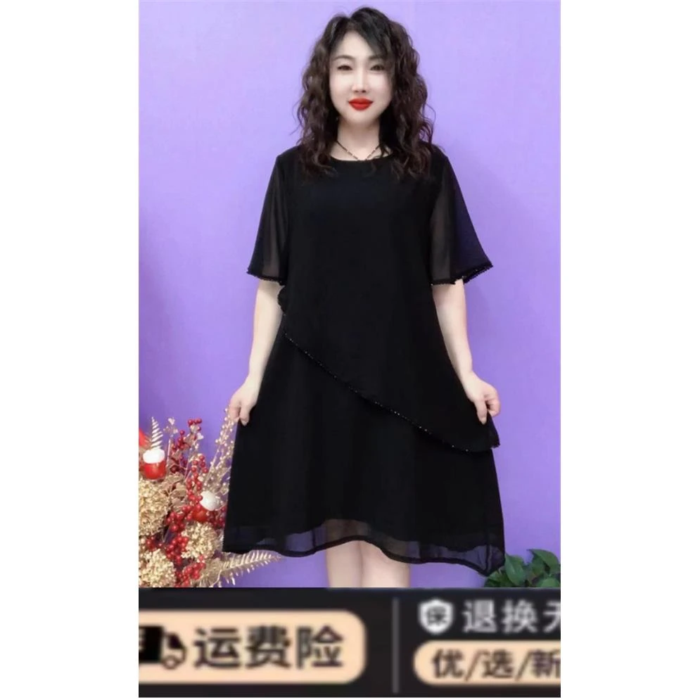 夏季新款双层网纱连衣裙短袖圆领宽松遮肚时尚减龄百搭气质小黑裙