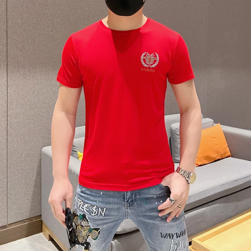 欧版夏季新款2025男士圆领冰丝提花短袖休闲T恤青年时尚潮流百搭