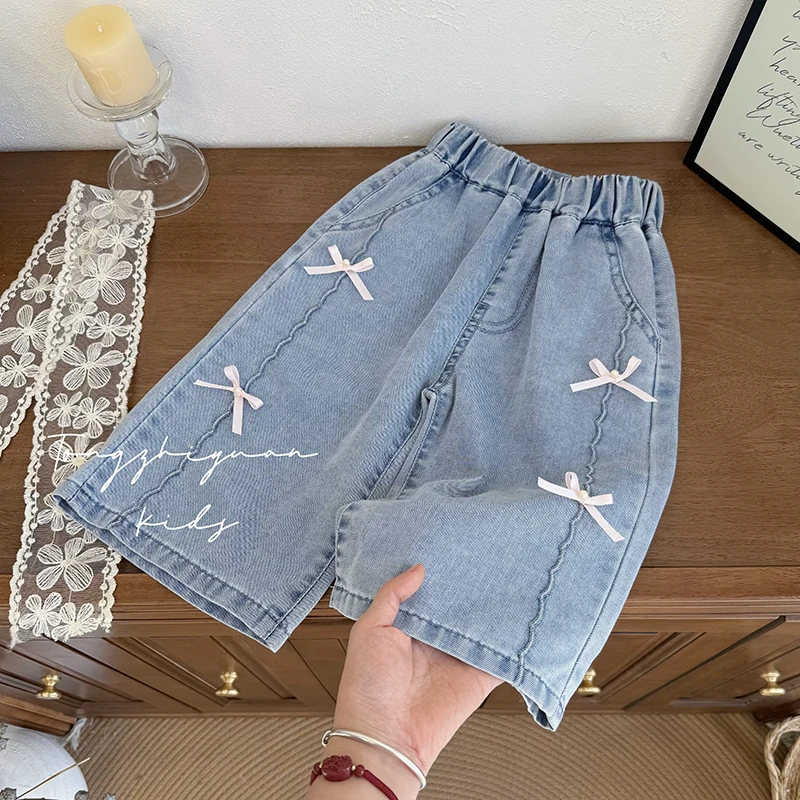 女童新款夏季时尚蝴蝶结七分牛仔裤女宝宝时尚童装蝴蝶结牛仔裤潮