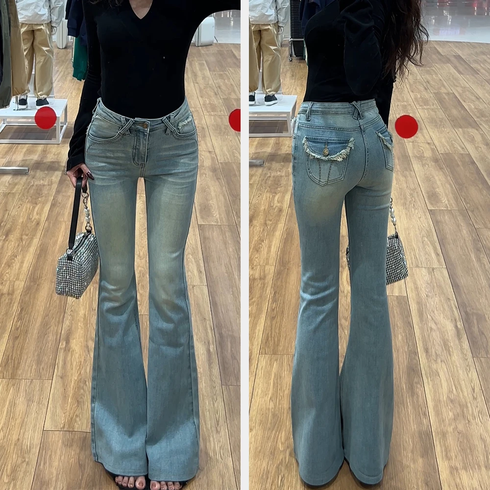 2025春款上新6838-A百搭气质浅色喇叭裤显瘦高腰微喇裤牛仔裤女