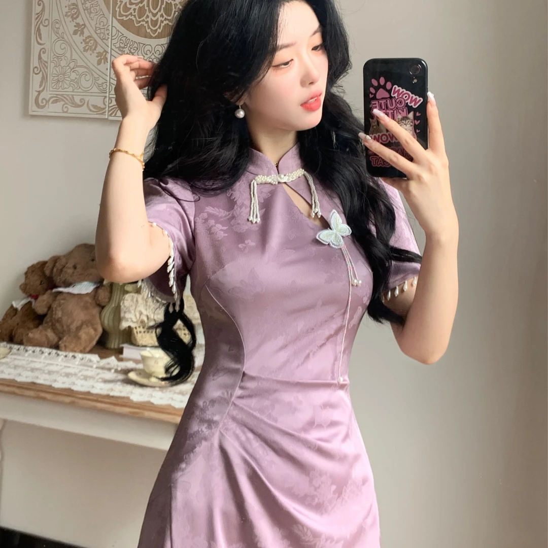 Blovelan浅云霜韵~ 新中式国风改良旗袍斜襟高开衩提花连衣裙春夏