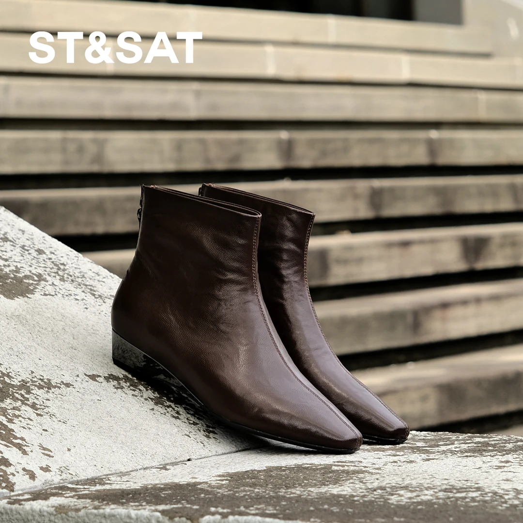 【羊皮短靴】星期六尖头低跟时装靴新款流光风百搭皮靴爆款法式鞋子