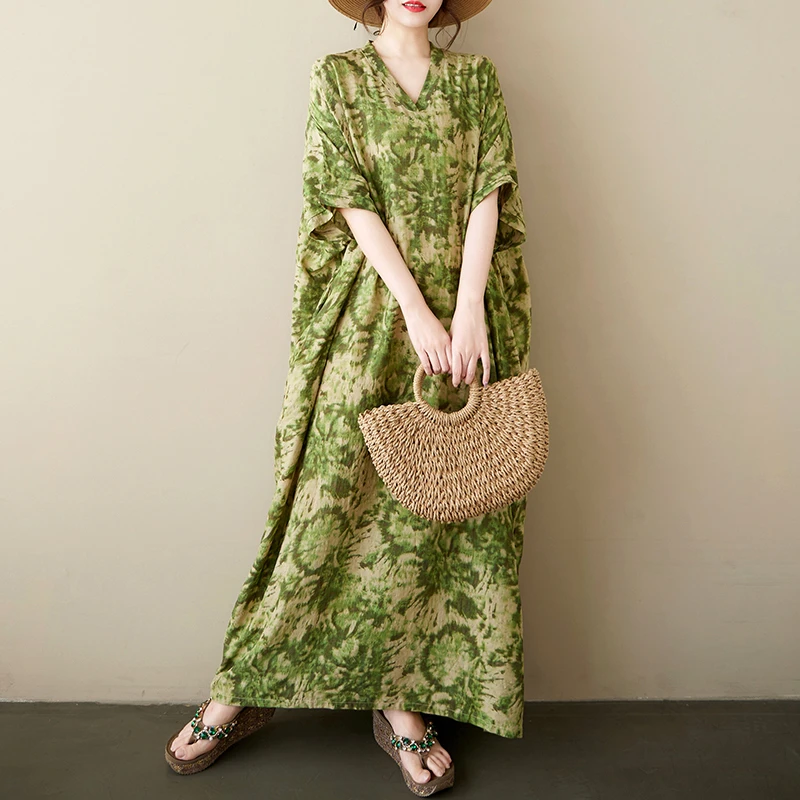 外贸出口~夏季新款波西米亚V领碎花印花连衣裙女大码宽松显瘦长裙