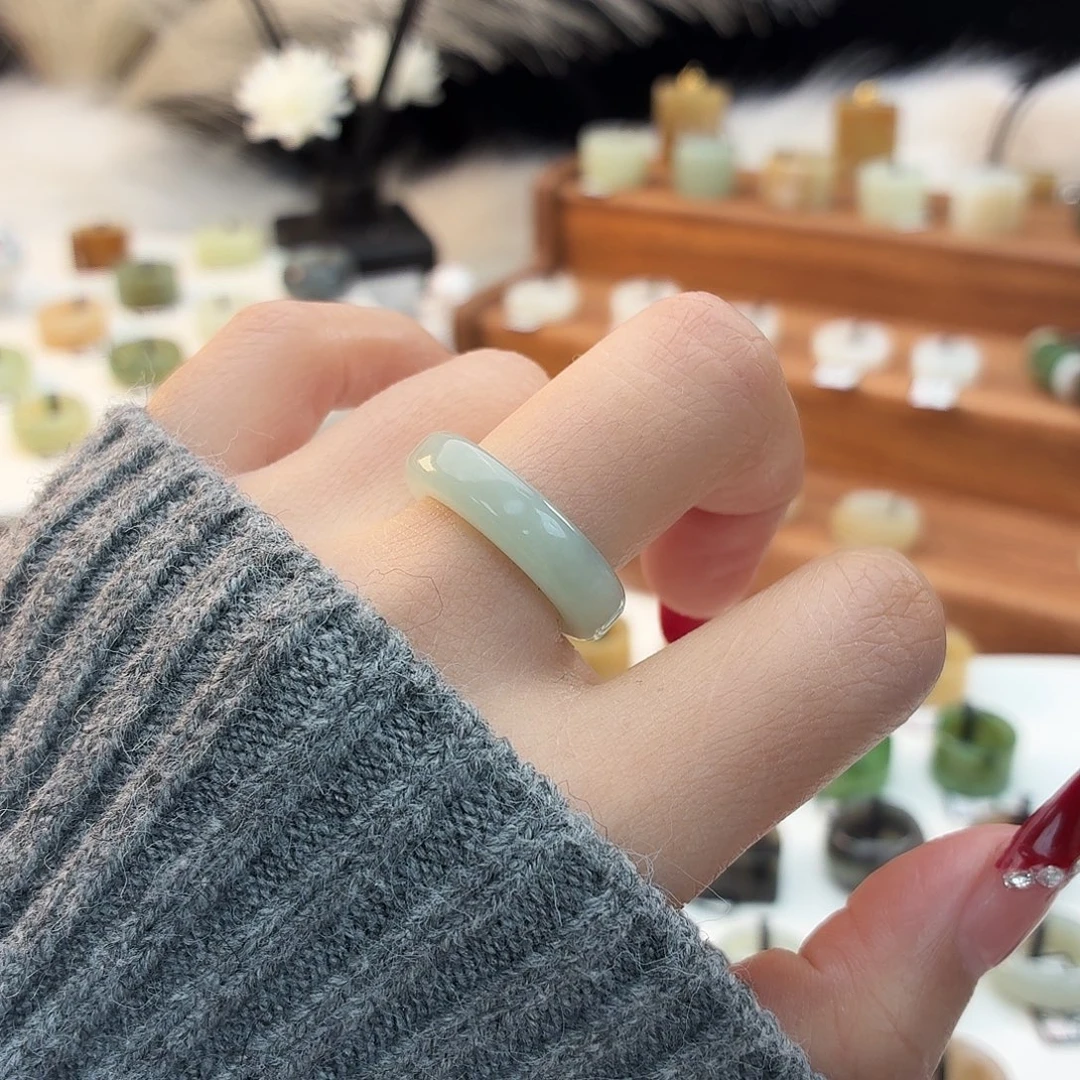 和田玉未镶嵌戒指i6奶蓝圆切17.2mm