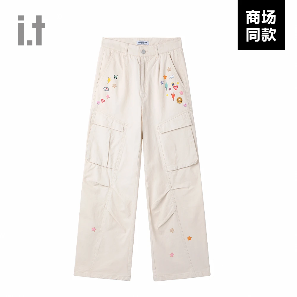 I.T旗下CHOCOOLATE个性印花垂感休闲工装裤男女浅色宽松纯棉百搭