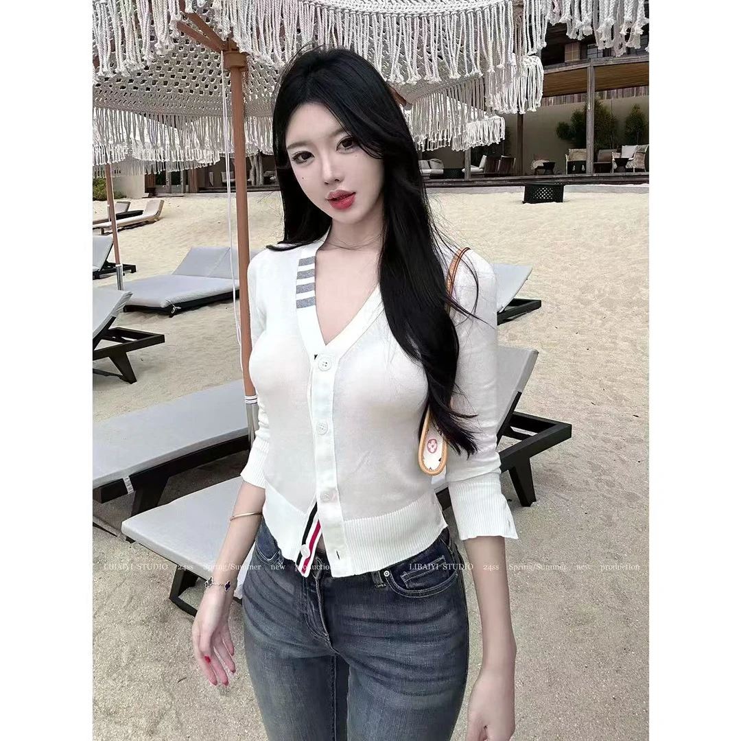 现货 LIBAIYI 纯欲七分袖/夏日四道杠薄款微透针织上衣 1585