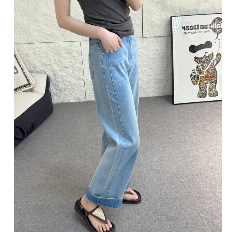 醋酸纤维直筒牛仔裤女25年新款夏季薄款高腰弹力显瘦烟管九分裤子