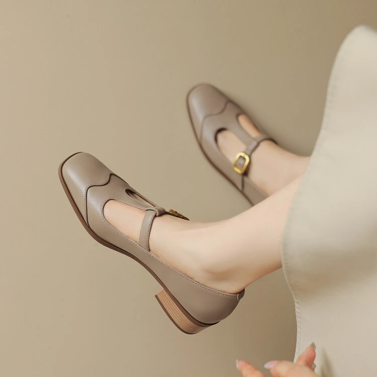 3.5cm跟高/羊皮 方头单鞋女粗跟百搭真皮春秋季复古T型带玛丽珍鞋