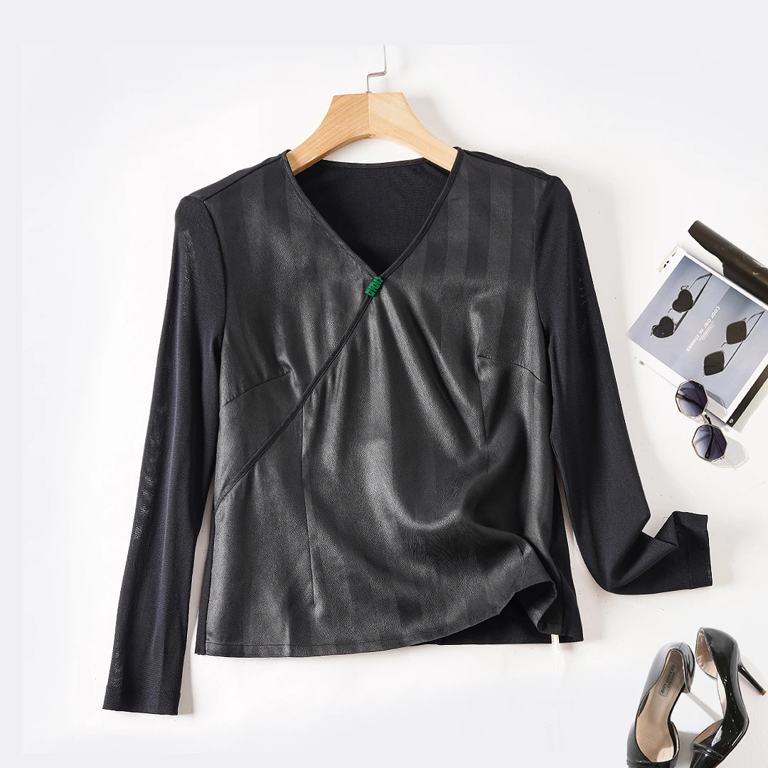 100%桑蚕丝人字纹香云纱高端女装复古上衣中式衬衫女士长袖百搭